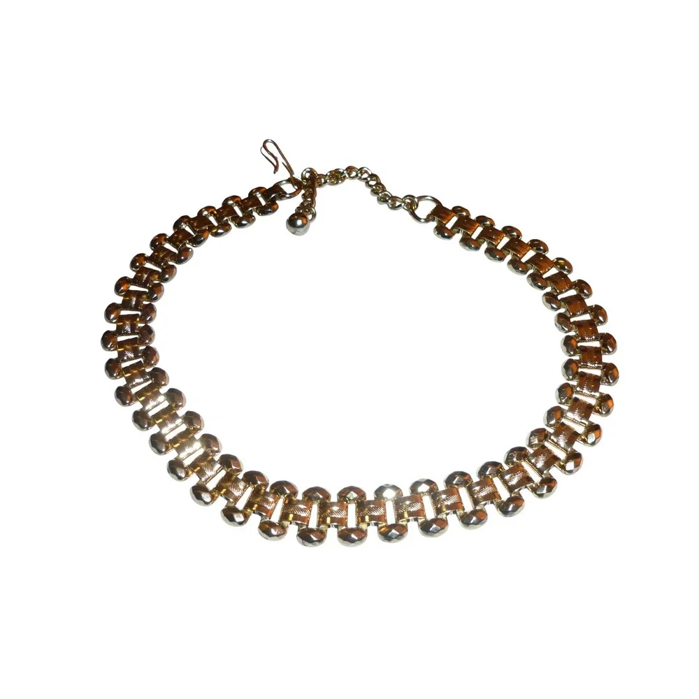 Vintage 1950 Gold Tone Gate Link Choker Necklace Textured Tank Track Mid Century